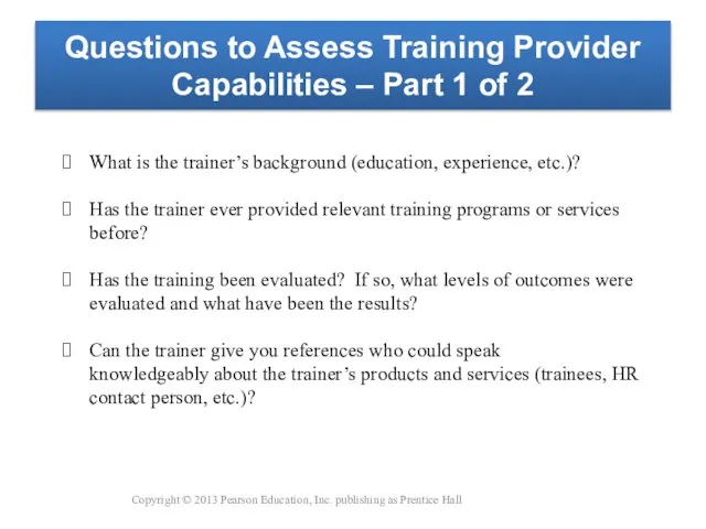 Questions to Assess Training Provider Capabilities – Part 1 of 2