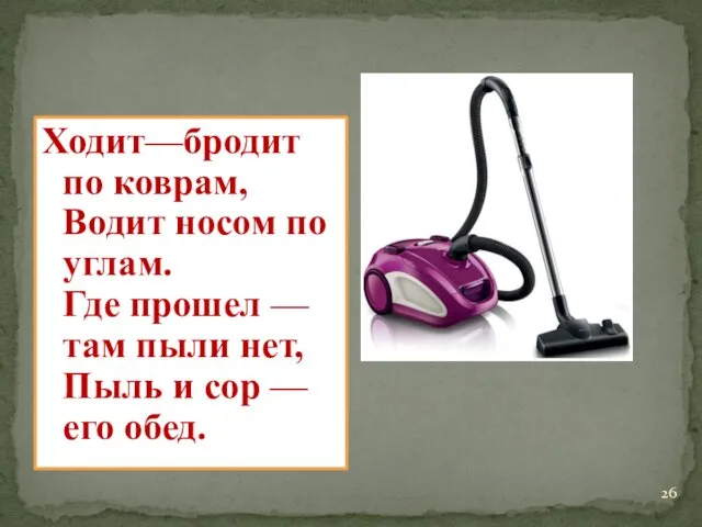 Ходит—бродит по коврам, Водит носом по углам. Где прошел — там