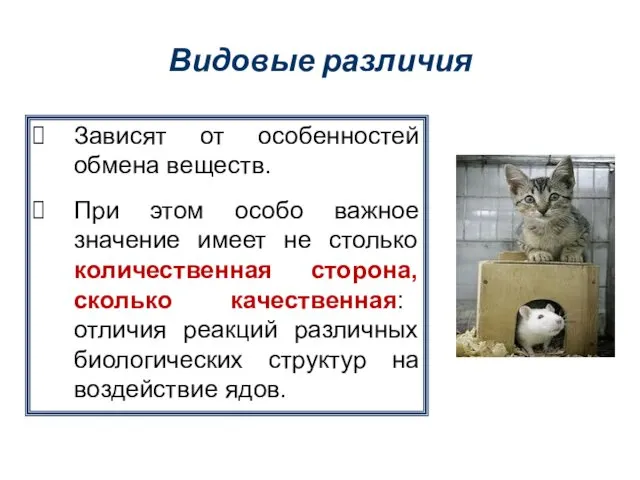 Видовые различия Зависят от особенностей обмена веществ. При этом особо важное