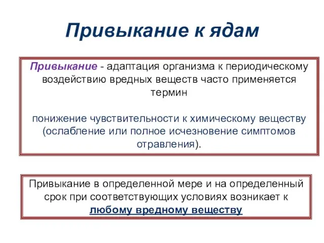 Привыкание к ядам Привыкание - адаптация организма к периодическому воздействию вредных