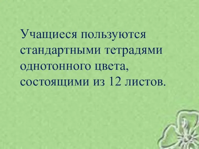 Учащиеся пользуются стандартными тетрадями однотонного цвета, состоящими из 12 листов.