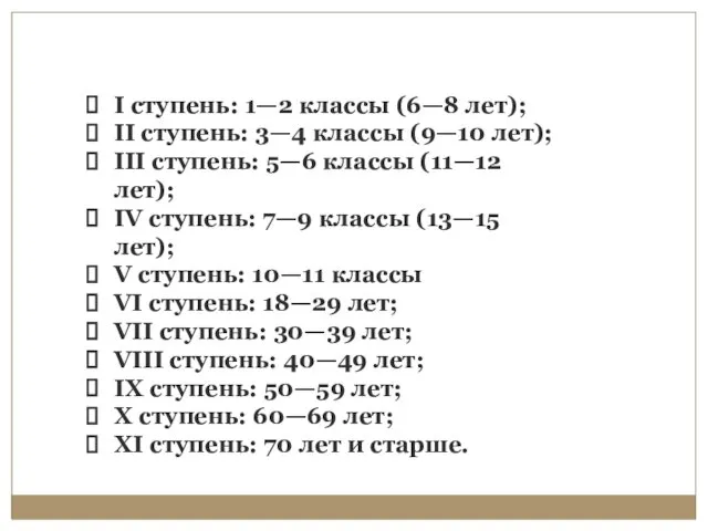 I ступень: 1—2 классы (6—8 лет); II ступень: 3—4 классы (9—10