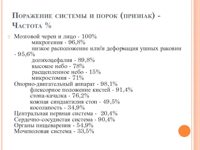 Поражение системы и порок (признак) - Частота % Мозговой череп и