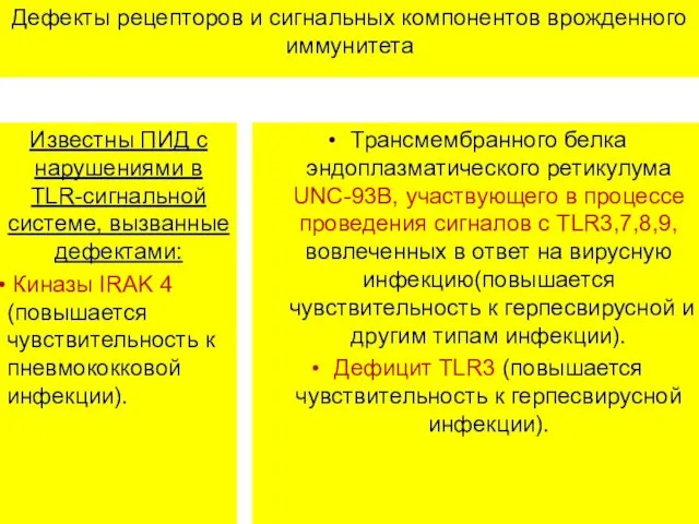 Дефекты рецепторов и сигнальных компонентов врожденного иммунитета Известны ПИД с нарушениями