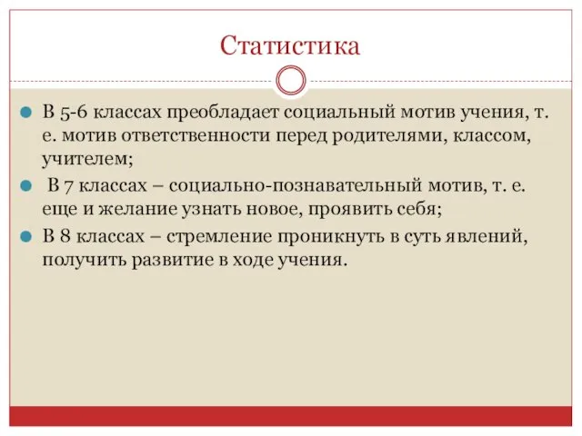 Статистика В 5-6 классах преобладает социальный мотив учения, т. е. мотив