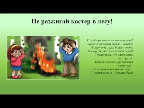 Не разжигай костер в лесу! С огнём развлекаться очень опасно! Закончиться