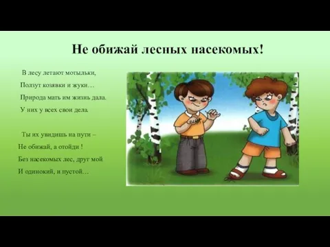 Не обижай лесных насекомых! В лесу летают мотыльки, Ползут козявки и