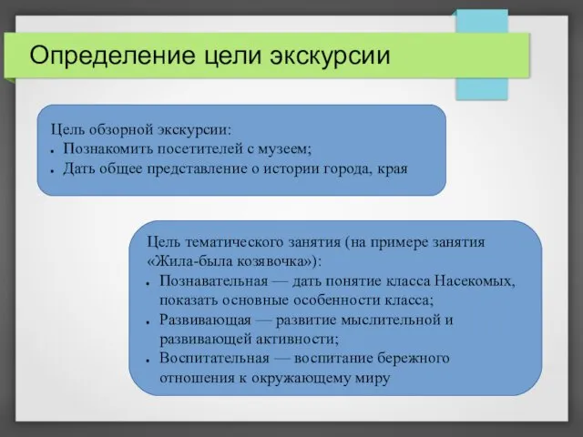 Определение цели экскурсии Цель обзорной экскурсии: Познакомить посетителей с музеем; Дать