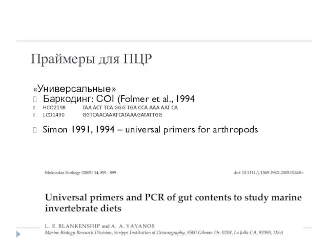 Праймеры для ПЦР «Универсальные» Баркодинг: СOI (Folmer et al., 1994 HCO2198