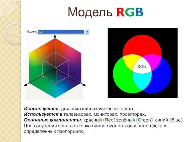 Модель RGB Используется для описания излученного цвета. Используется в телевизорах, мониторах,