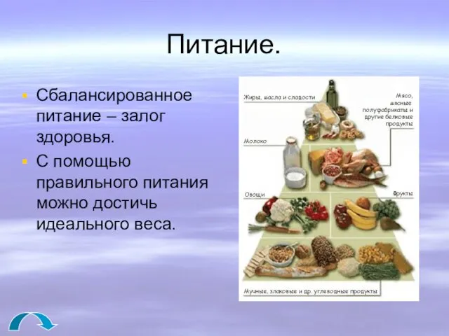 Питание. Сбалансированное питание – залог здоровья. С помощью правильного питания можно достичь идеального веса.