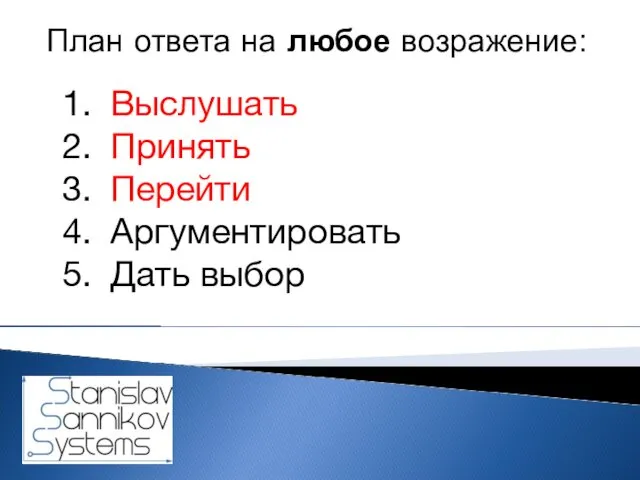 План ответа на любое возражение: Выслушать Принять Перейти Аргументировать Дать выбор