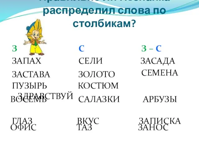 Правильно ли Незнайка распределил слова по столбикам? З С З –