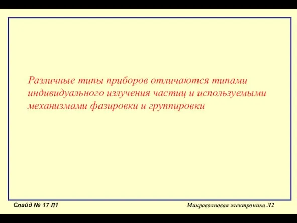 Слайд № Л1 Микроволновая электроника Л2 Различные типы приборов отличаются типами