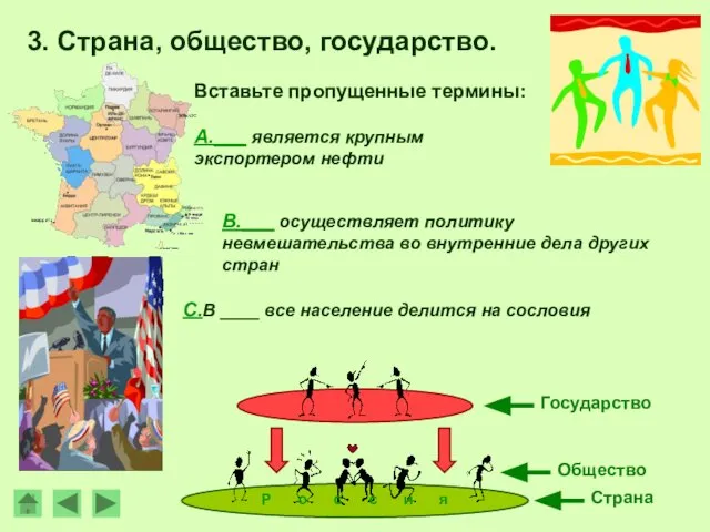 А.___ является крупным экспортером нефти Вставьте пропущенные термины: 3. Страна, общество,