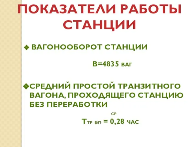 ПОКАЗАТЕЛИ РАБОТЫ СТАНЦИИ ВАГОНООБОРОТ СТАНЦИИ В=4835 ВАГ СРЕДНИЙ ПРОСТОЙ ТРАНЗИТНОГО ВАГОНА,