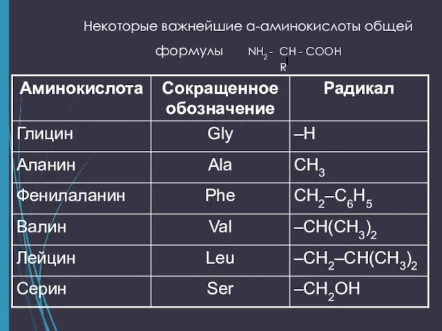 Некоторые важнейшие α-аминокислоты общей формулы NH2 - CH - COOH R