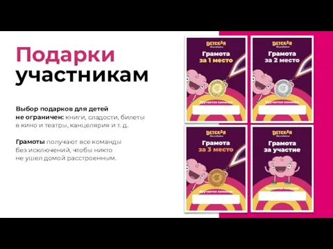 Подарки участникам Выбор подарков для детей не ограничен: книги, сладости, билеты