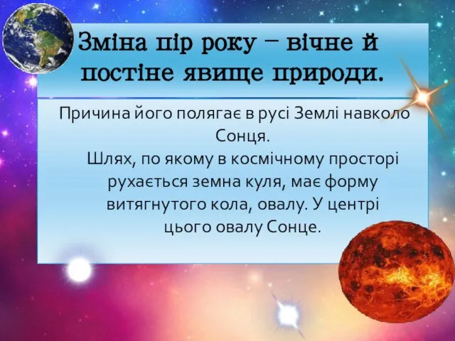 Зміна пір року – вічне й постіне явище природи. Причина його