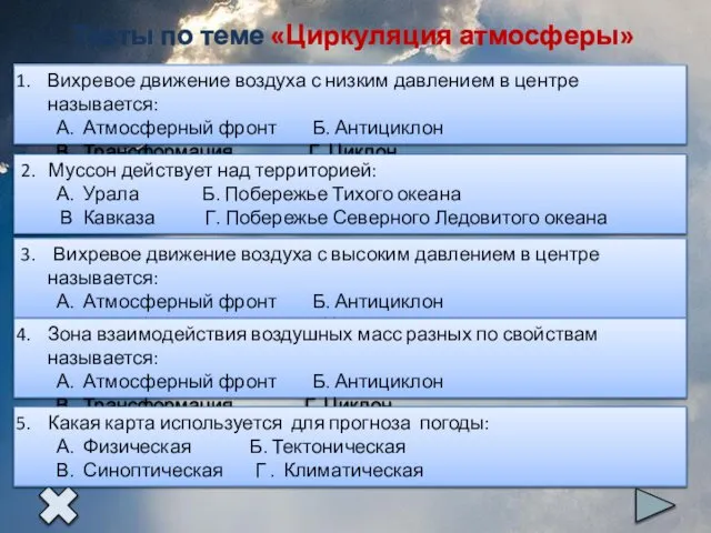 Тесты по теме «Циркуляция атмосферы»