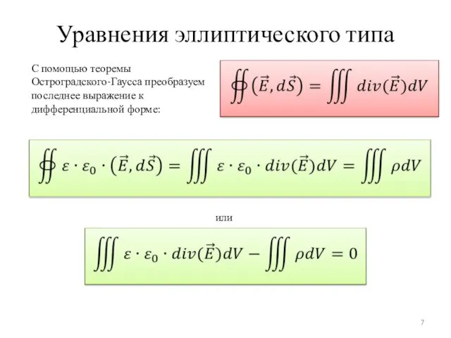 Уравнения эллиптического типа С помощью теоремы Остроградского-Гаусса преобразуем последнее выражение к дифференциальной форме: или