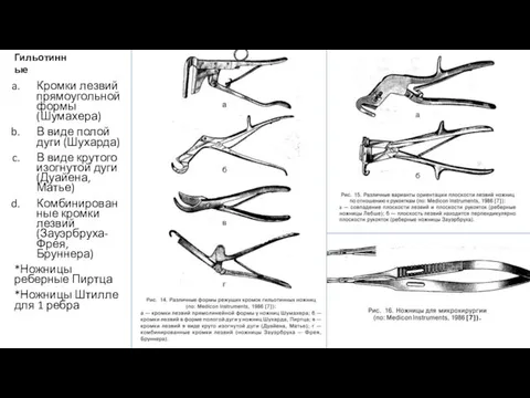 Гильотинные Кромки лезвий прямоугольной формы (Шумахера) В виде полой дуги (Шухарда)