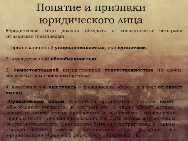 Понятие и признаки юридического лица Юридическое лицо должно обладать в совокупности