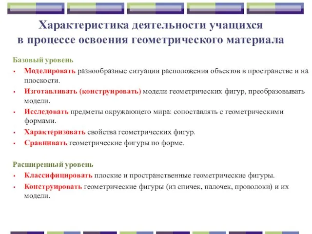 Характеристика деятельности учащихся в процессе освоения геометрического материала Базовый уровень Моделировать