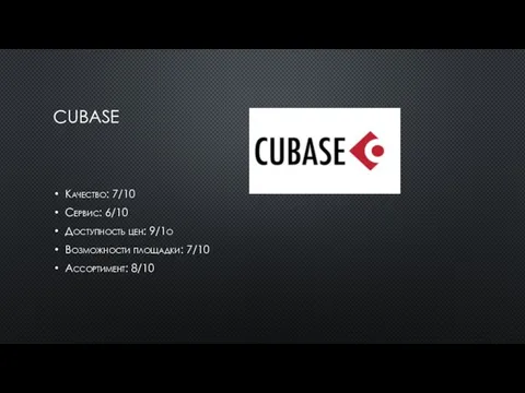 CUBASE Качество: 7/10 Сервис: 6/10 Доступность цен: 9/1o Возможности площадки: 7/10 Ассортимент: 8/10