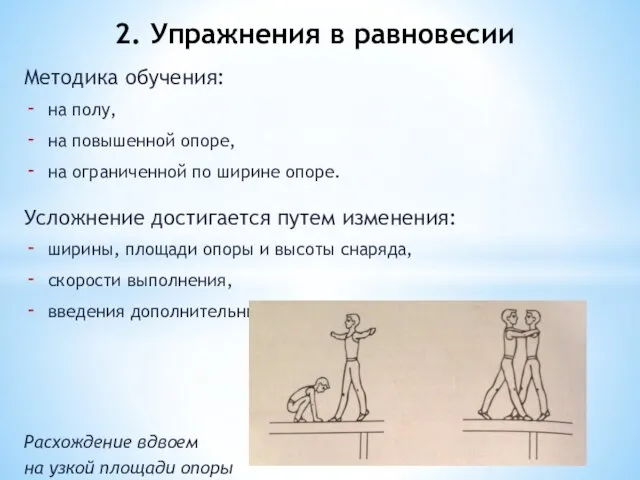 Методика обучения: на полу, на повышенной опоре, на ограниченной по ширине