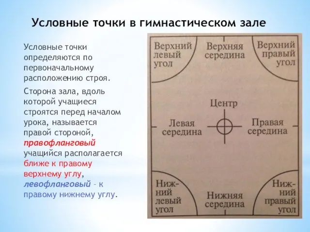 Условные точки в гимнастическом зале Условные точки определяются по первоначальному расположению