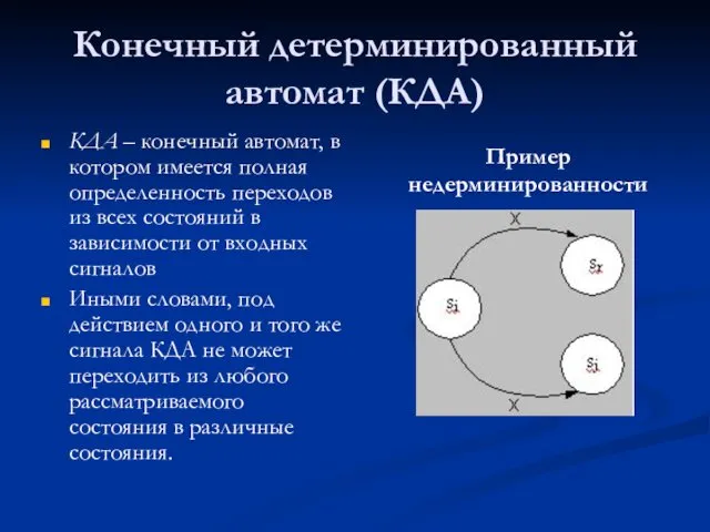 Конечный детерминированный автомат (КДА) КДА – конечный автомат, в котором имеется