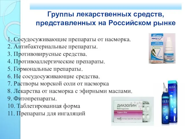 Группы лекарственных средств, представленных на Российском рынке 1. Сосудосуживающие препараты от