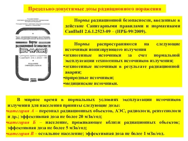 Предельно-допустимые дозы радиационного поражения Нормы радиационной безопасности, введенные в действие Санитарными