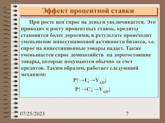 07/25/2023 Эффект процентной ставки При росте цен спрос на деньги увеличивается.