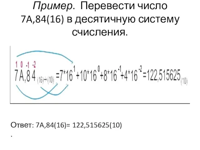 Пример. Перевести число 7A,84(16) в десятичную систему счисления. Ответ: 7A,84(16)= 122,515625(10) .