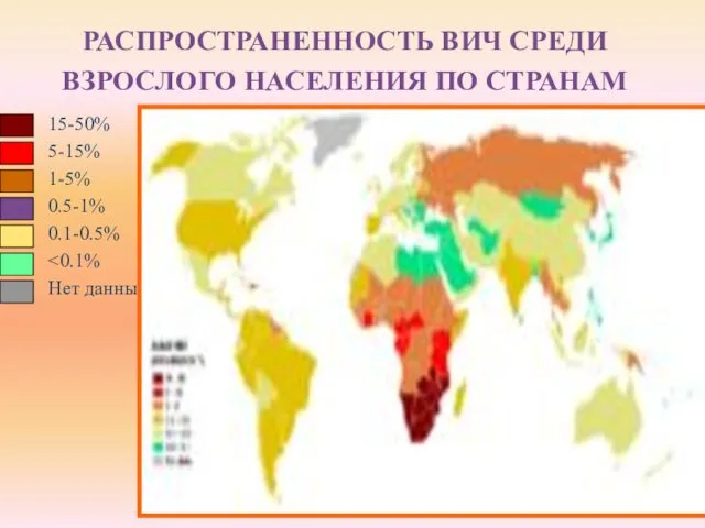 РАСПРОСТРАНЕННОСТЬ ВИЧ СРЕДИ ВЗРОСЛОГО НАСЕЛЕНИЯ ПО СТРАНАМ 15-50% 5-15% 1-5% 0.5-1% 0.1-0.5% Нет данных