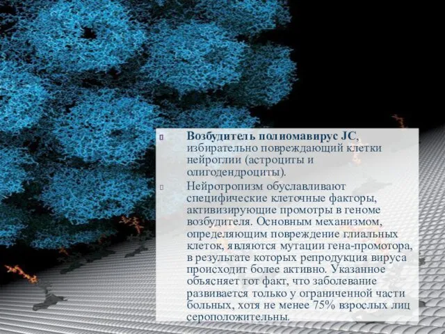 Возбудитель полиомавирус JC, избирательно повреждающий клетки нейроглии (астроциты и олигодендроциты). Нейротропизм