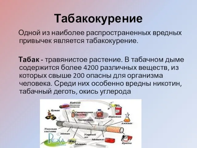 Табакокурение Одной из наиболее распространенных вредных привычек является табакокурение. Табак -