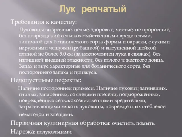 Лук репчатый Требования к качеству: Луковицы вызревшие, целые, здоровые, чистые, не