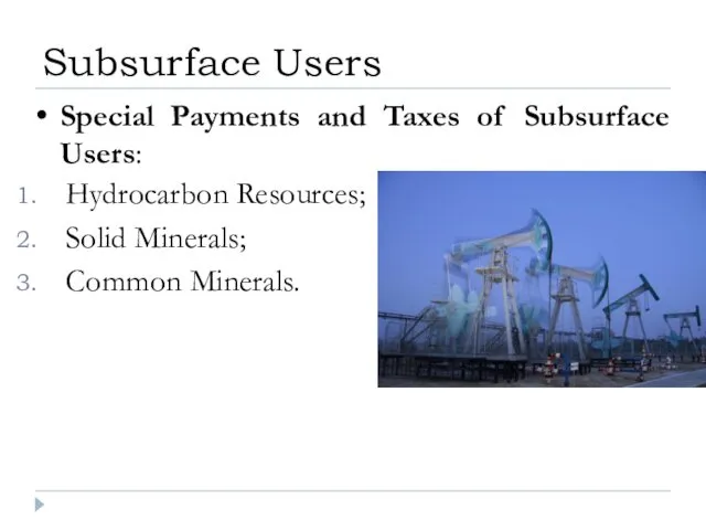 Hydrocarbon Resources; Solid Minerals; Common Minerals. Subsurface Users Special Payments and Taxes of Subsurface Users: