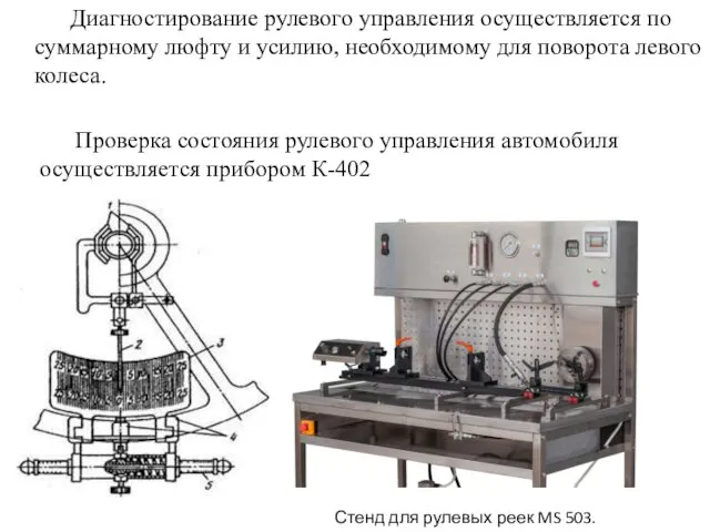 Диагностирование рулевого управления осуществляется по суммарному люфту и усилию, необходимому для