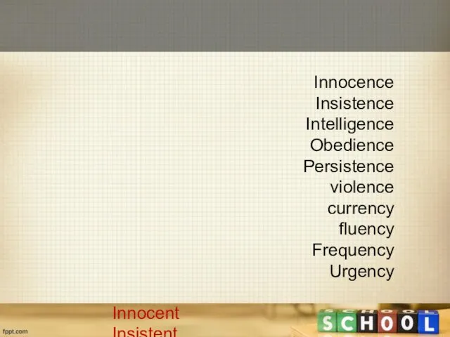 Innocence Insistence Intelligence Obedience Persistence violence currency fluency Frequency Urgency Innocent