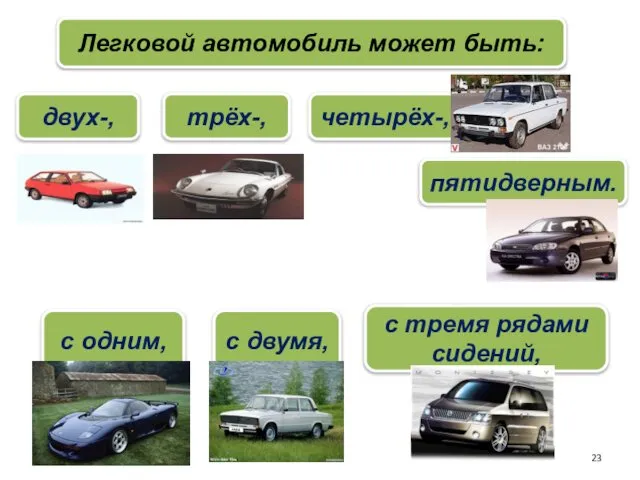 Легковой автомобиль может быть: трёх-, четырёх-, двух-, пятидверным. с одним, с двумя, с тремя рядами сидений,