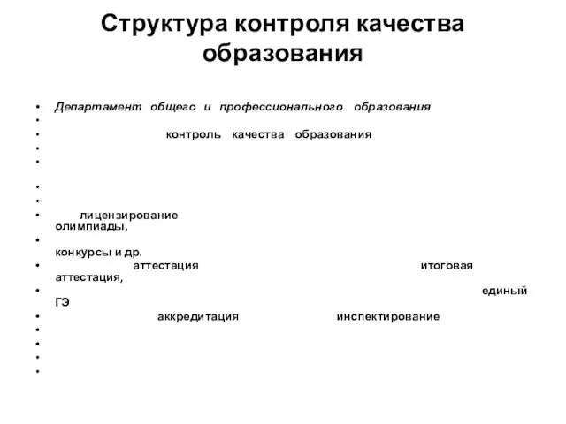 Структура контроля качества образования Департамент общего и профессионального образования контроль качества