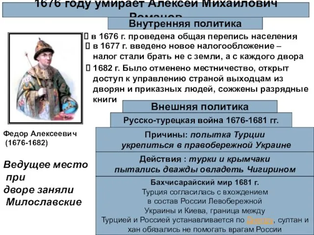 1676 году умирает Алексей Михайлович Романов Федор Алексеевич (1676-1682) Ведущее место