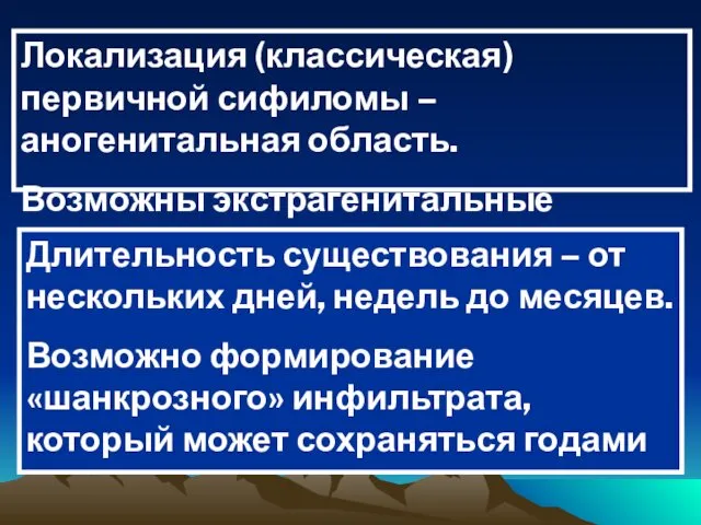 Локализация (классическая) первичной сифиломы – аногенитальная область. Возможны экстрагенитальные варианты. Длительность