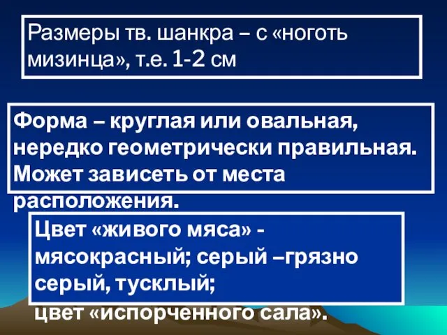 Размеры тв. шанкра – с «ноготь мизинца», т.е. 1-2 см Форма