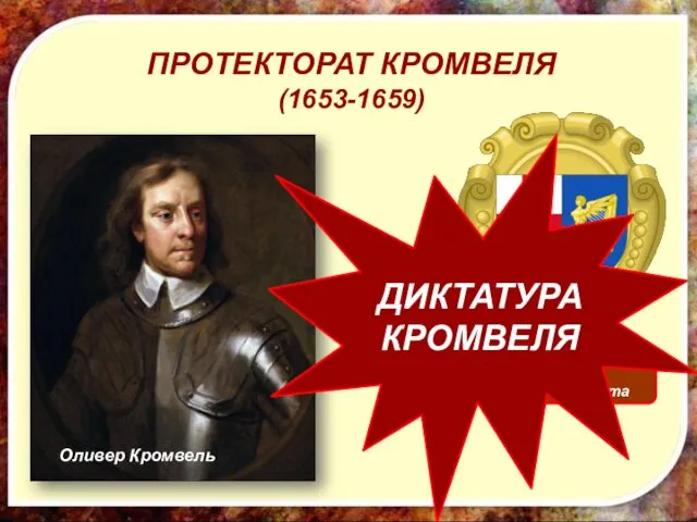 ПРОТЕКТОРАТ КРОМВЕЛЯ (1653-1659) Герб протектората Оливер Кромвель ДИКТАТУРА КРОМВЕЛЯ