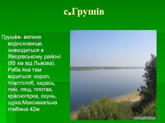 с.Грушів Грушев- велике водосховище,знаходиться в Яворівському районі (85 км від Львова).